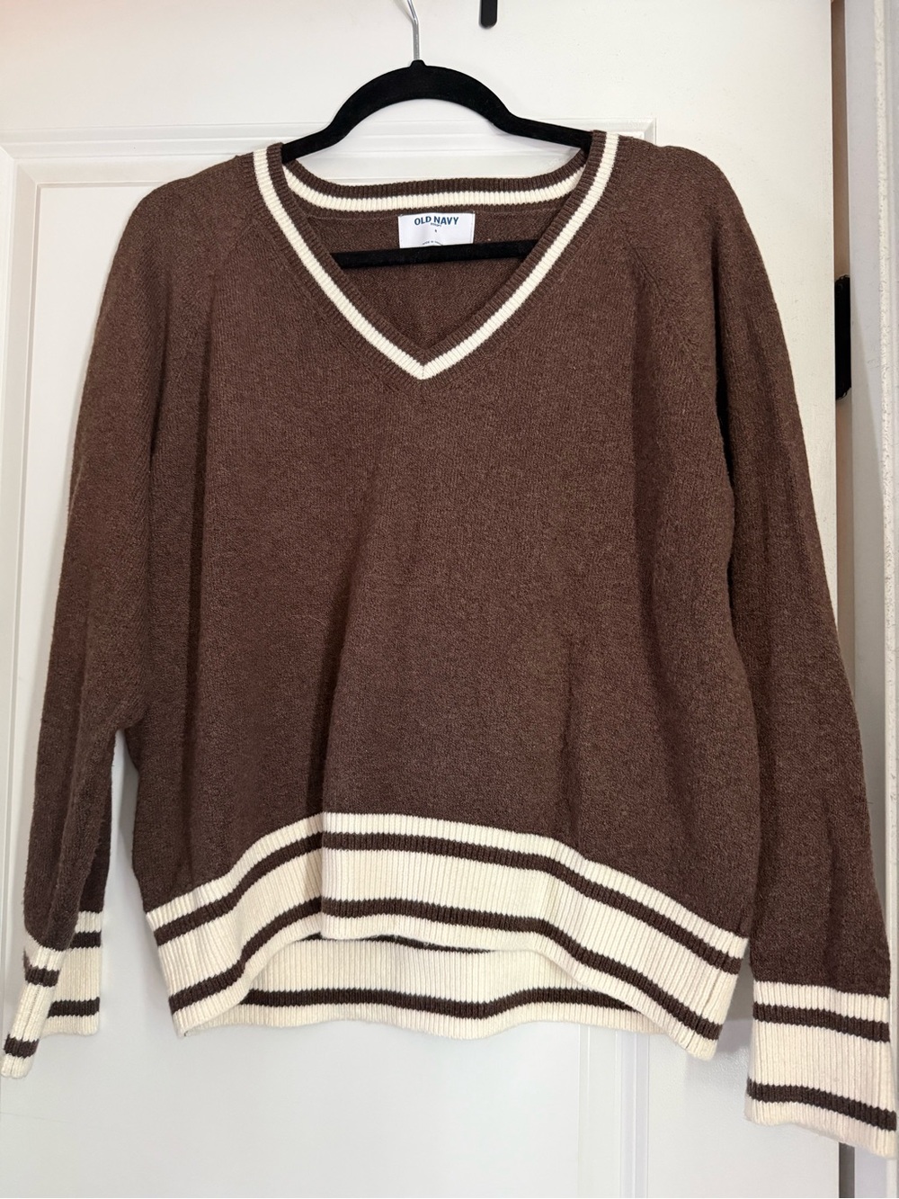 Old Navy Brown V-Neck Sweater with Cream Striped Trim